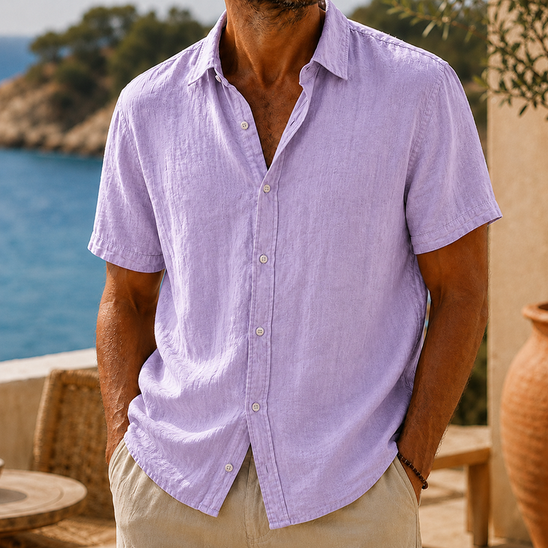 Men's Tyson lavender linen short sleeve button shirt with collared neckline and textured finish.