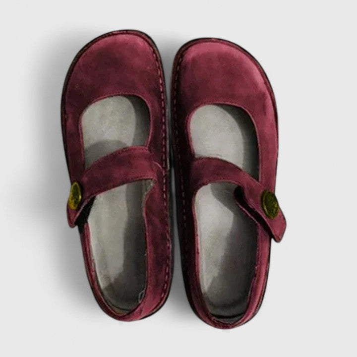 Violetta women's purple leather orthopedic Mary Jane shoes with adjustable strap.