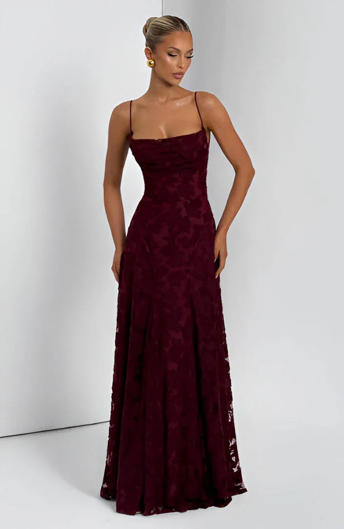 Burgundy floral spaghetti strap A-line maxi dress for women.
