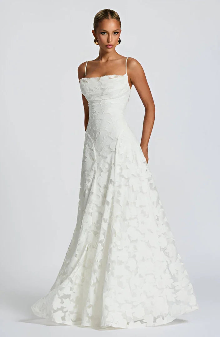 White floral spaghetti strap A-line maxi dress for women.