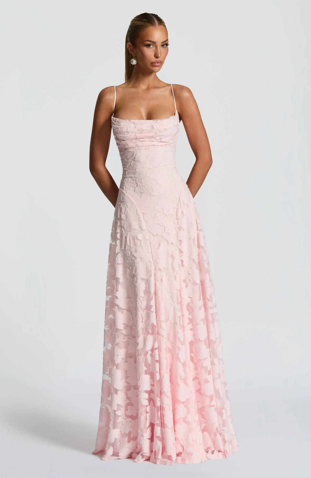 Pink floral spaghetti strap A-line maxi dress for women.