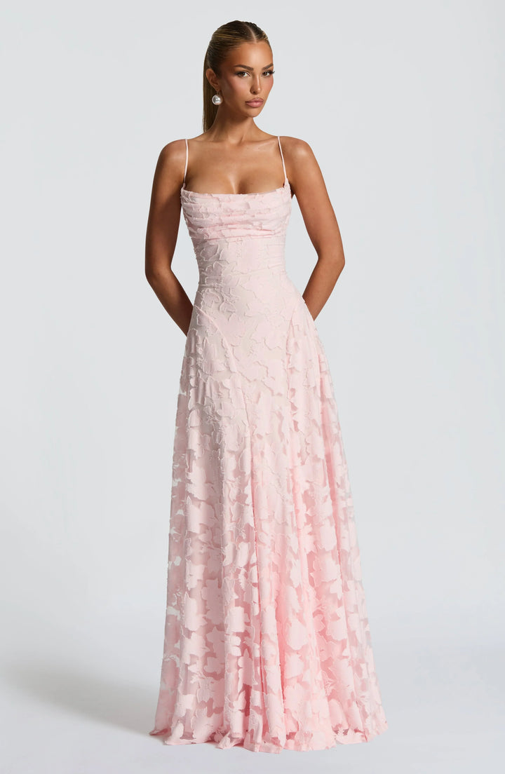 Pink floral spaghetti strap A-line maxi dress for women.