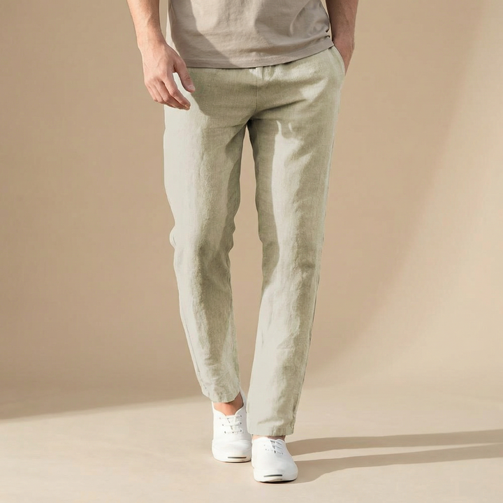 Men's Wesley light beige linen straight-leg summer pants with side pockets, paired with white sneakers.