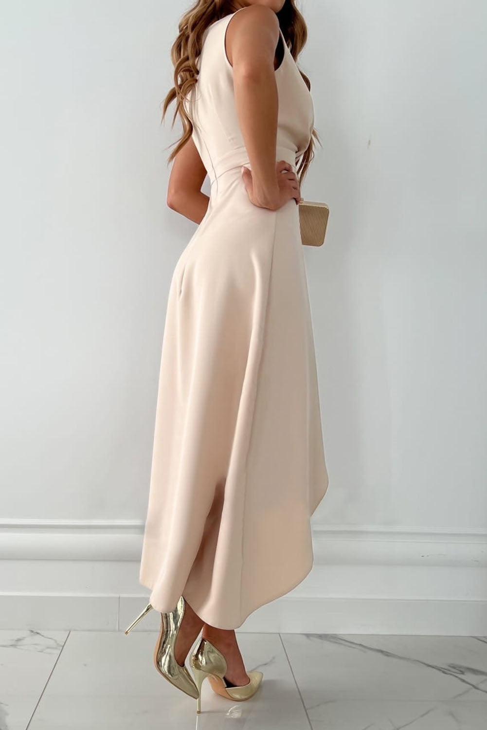 Amelia | Women’s Sleeveless Wedding Guest Dress with Asymmetric Midi Hem