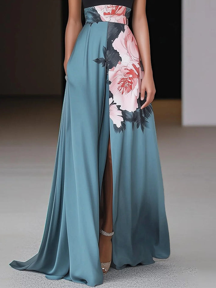 Women's Zaylee sleeveless floral A-line maxi dress with side slit, in a vibrant print.