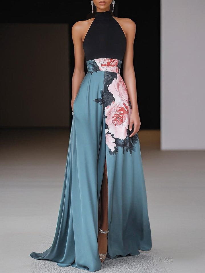 Black floral A-line maxi dress with side slit, sleeveless, for women.